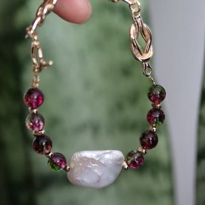 Original design Handmade Crystal. Square Baroque Natural Pearl. Gold plated chai